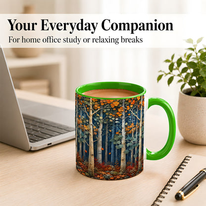 #pl[11oz|Green] Painterly Birch Grove Coffee Mug, Autumn Woodland Mug, Ceramic Cup
