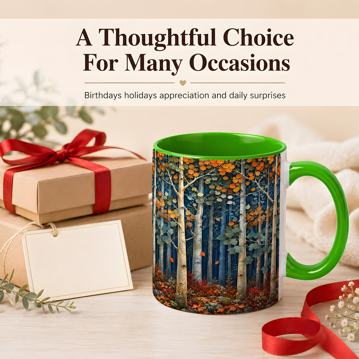 #pl[11oz|Green] Painterly Birch Grove Coffee Mug, Autumn Woodland Mug, Ceramic Cup