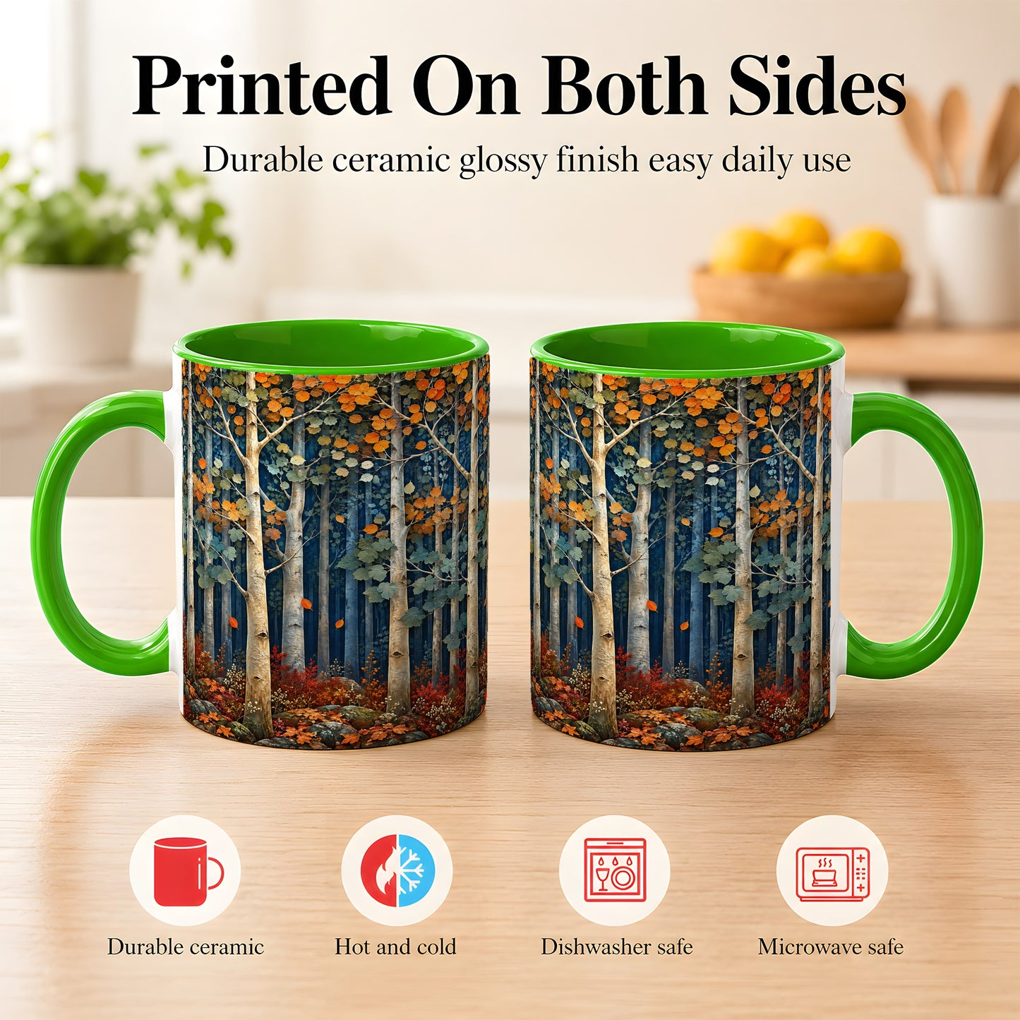 #pl[11oz|Green] Painterly Birch Grove Coffee Mug, Autumn Woodland Mug, Ceramic Cup