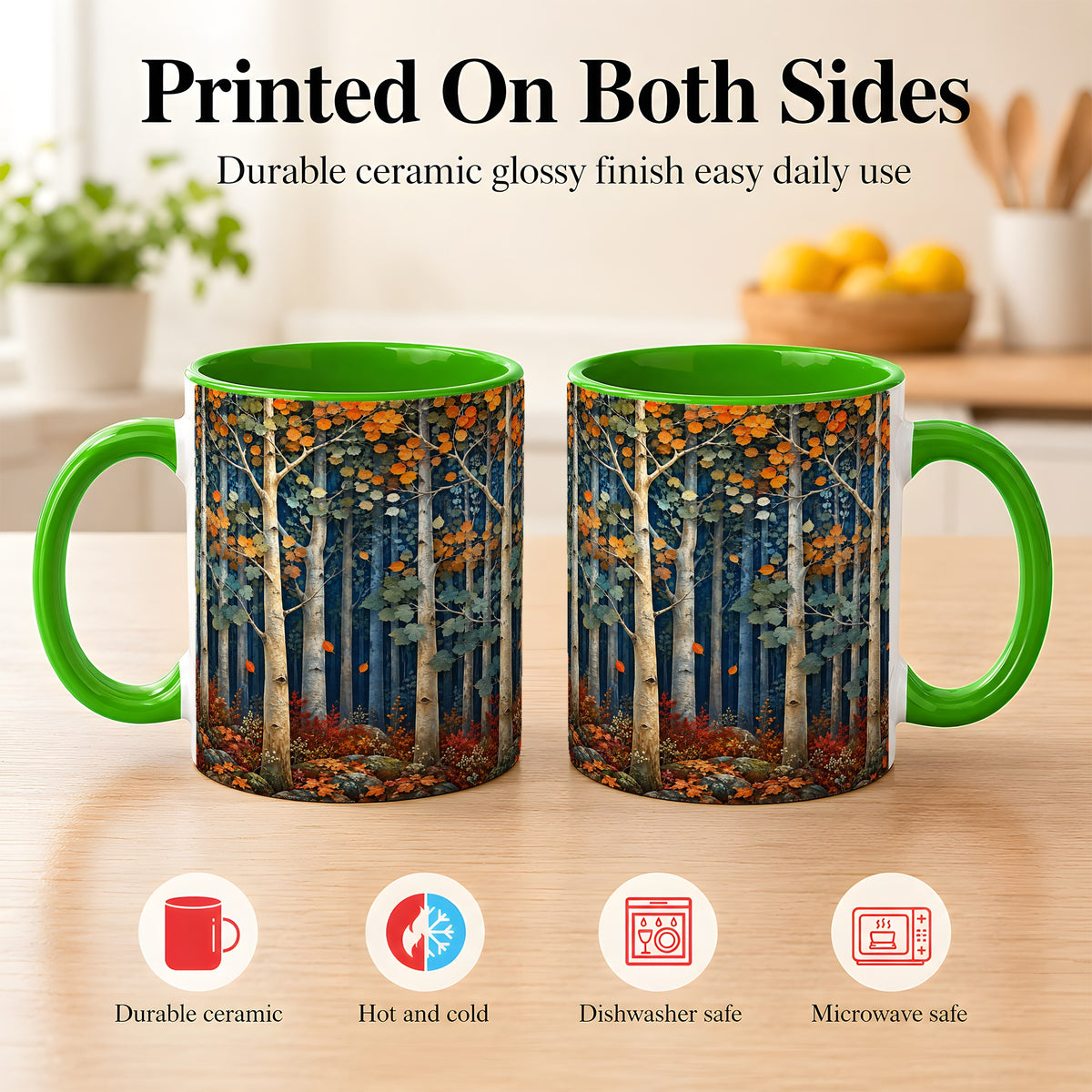 #pl[11oz|Green] Painterly Birch Grove Coffee Mug, Autumn Woodland Mug, Ceramic Cup