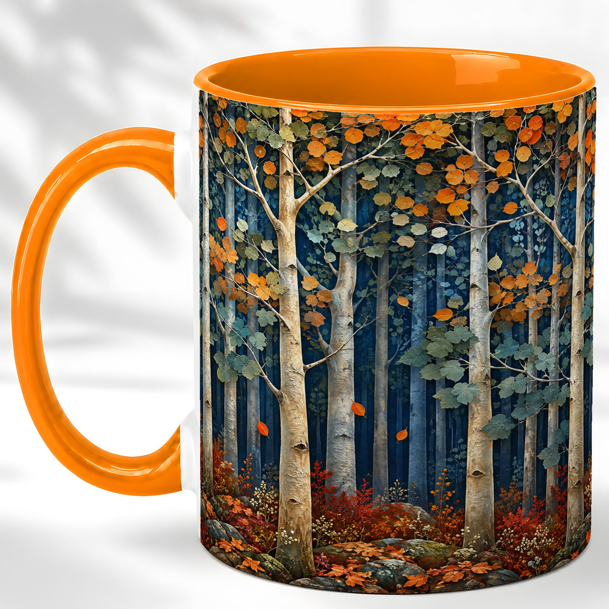 #pl[11oz|Orange] Painterly Birch Grove Coffee Mug, Autumn Woodland Mug, Ceramic Cup