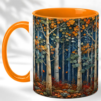#pl[11oz|Orange] Painterly Birch Grove Coffee Mug, Autumn Woodland Mug, Ceramic Cup