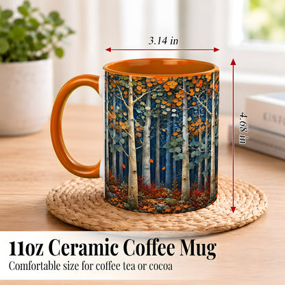 #pl[11oz|Orange] Painterly Birch Grove Coffee Mug, Autumn Woodland Mug, Ceramic Cup