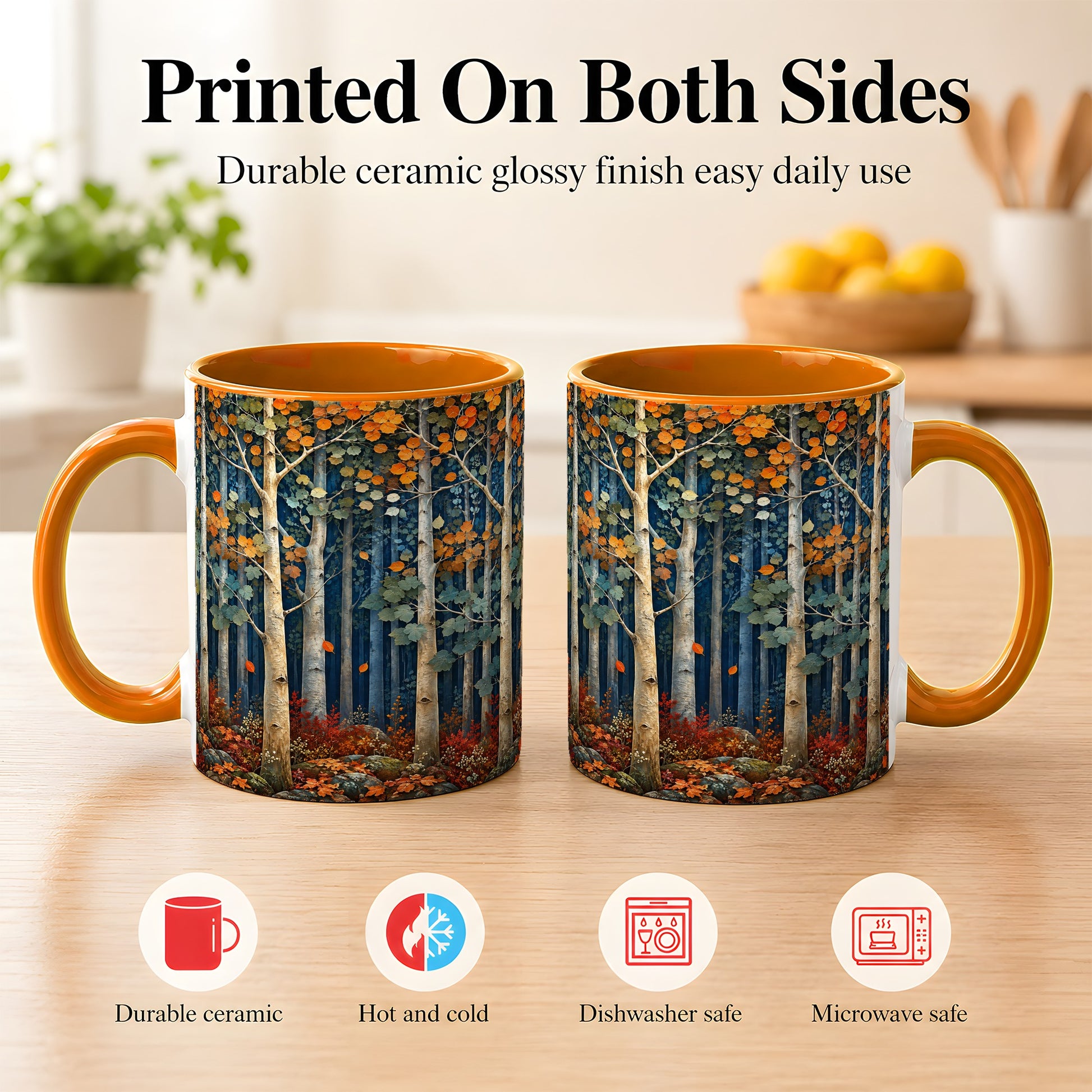 #pl[11oz|Orange] Painterly Birch Grove Coffee Mug, Autumn Woodland Mug, Ceramic Cup