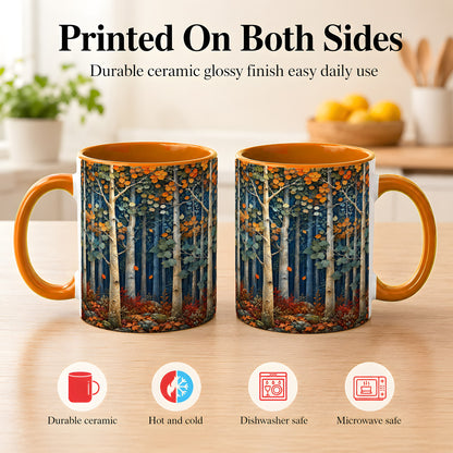 #pl[11oz|Orange] Painterly Birch Grove Coffee Mug, Autumn Woodland Mug, Ceramic Cup