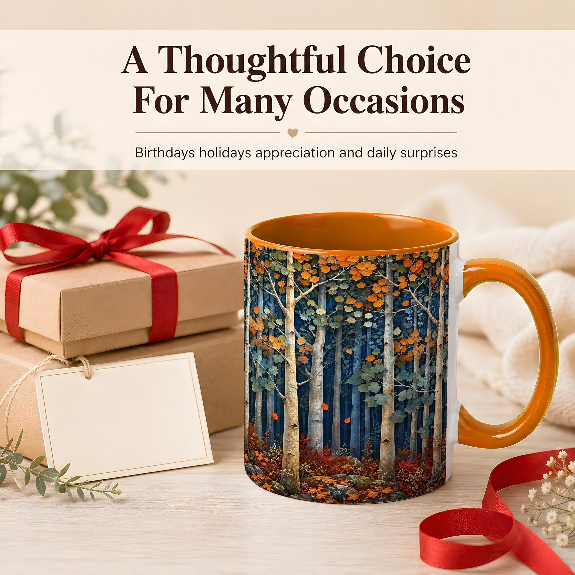 #pl[11oz|Orange] Painterly Birch Grove Coffee Mug, Autumn Woodland Mug, Ceramic Cup
