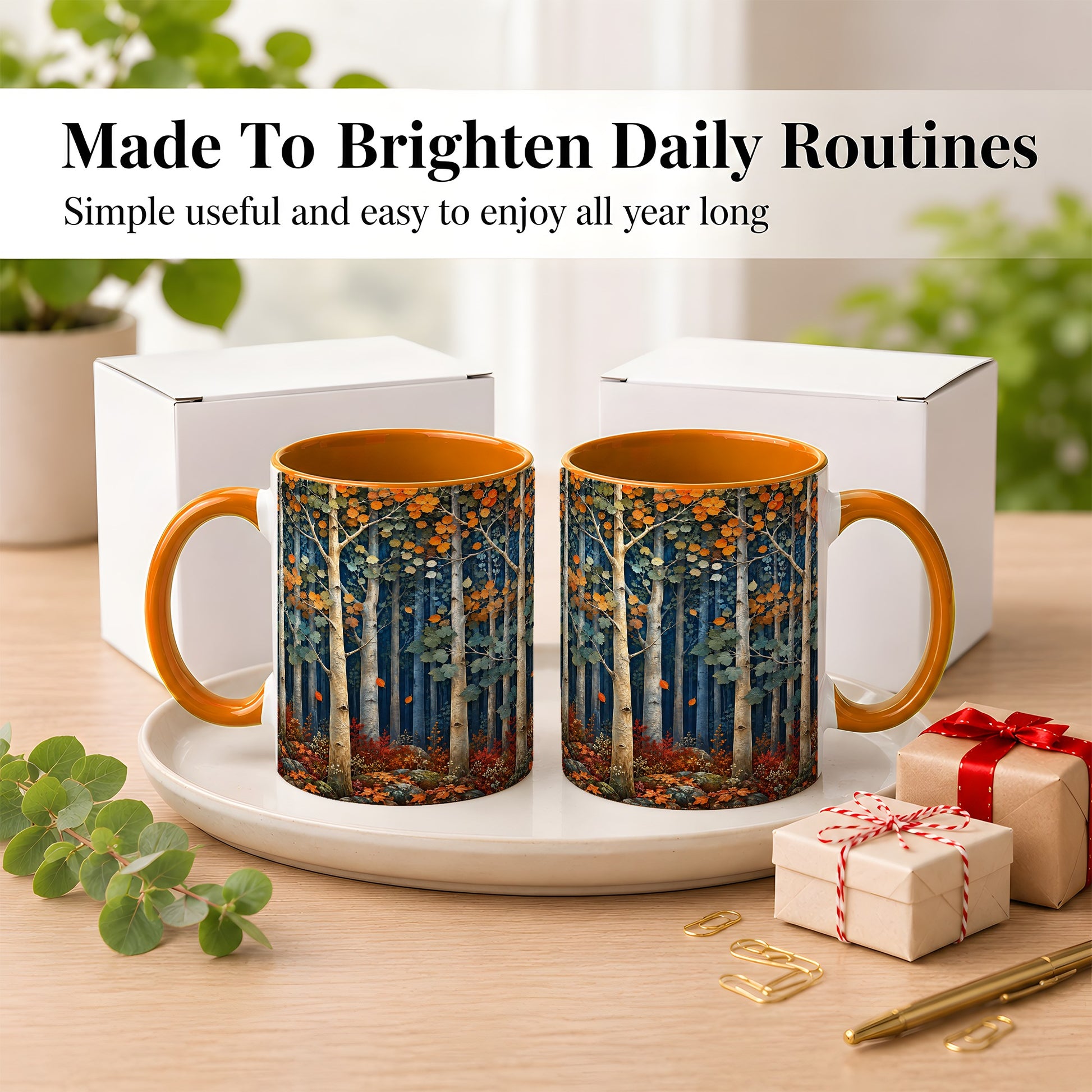 #pl[11oz|Orange] Painterly Birch Grove Coffee Mug, Autumn Woodland Mug, Ceramic Cup