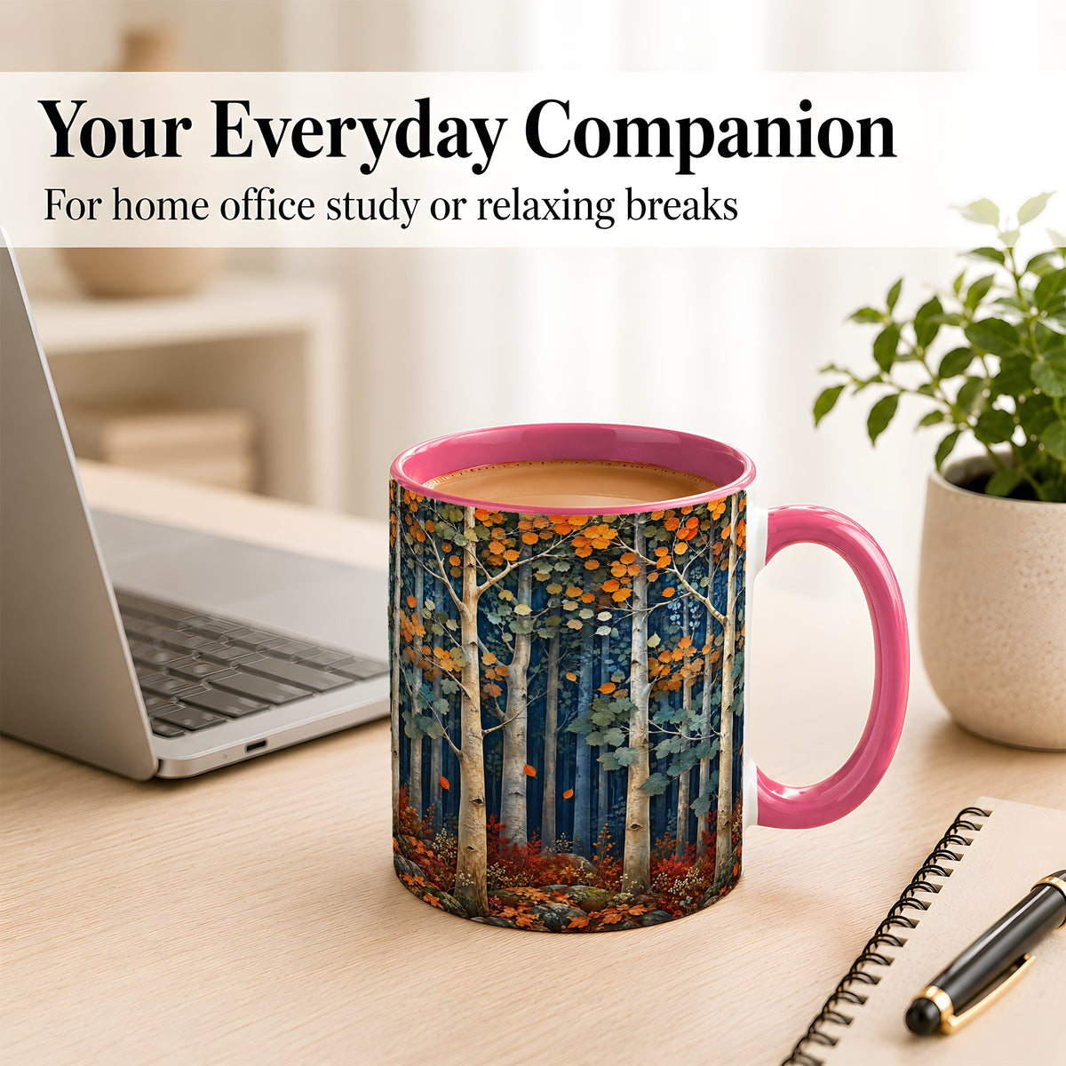 #pl[11oz|Pink] Painterly Birch Grove Coffee Mug, Autumn Woodland Mug, Ceramic Cup