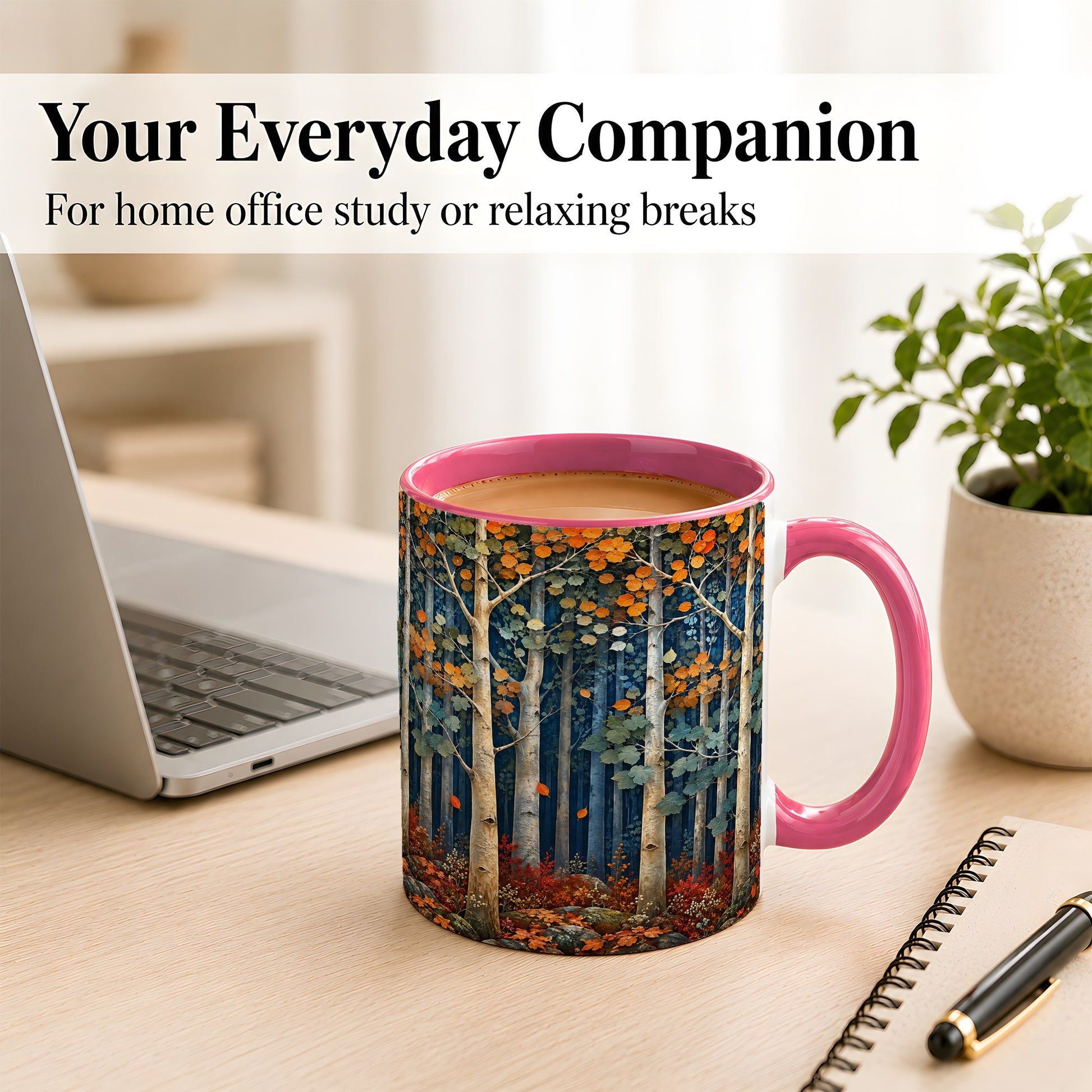 #pl[11oz|Pink] Painterly Birch Grove Coffee Mug, Autumn Woodland Mug, Ceramic Cup