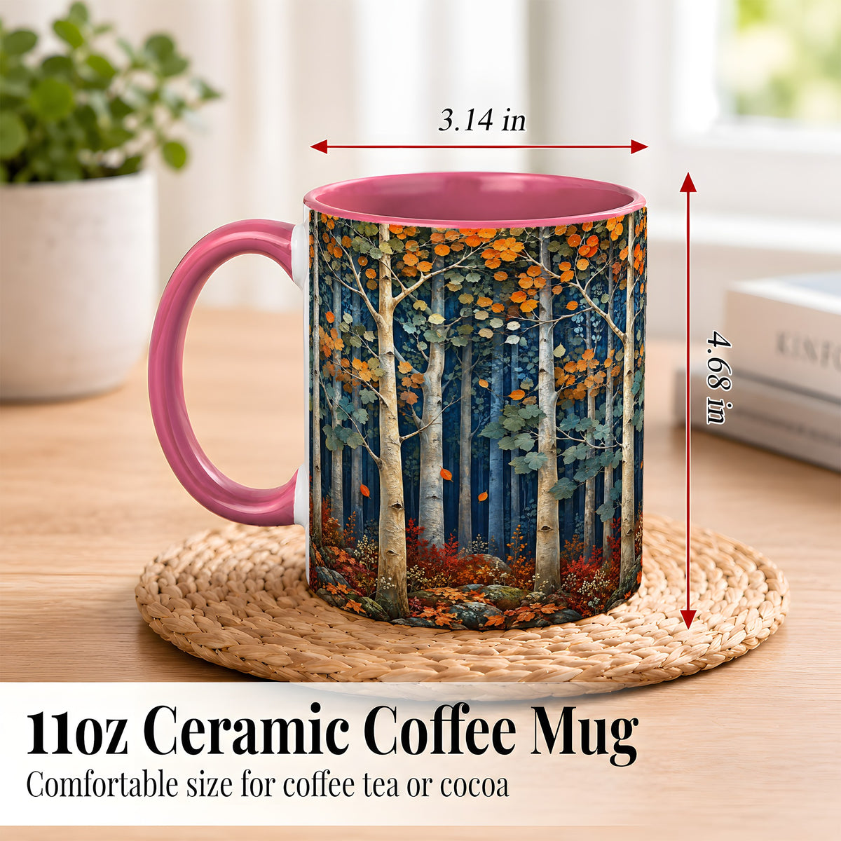 #pl[11oz|Pink] Painterly Birch Grove Coffee Mug, Autumn Woodland Mug, Ceramic Cup