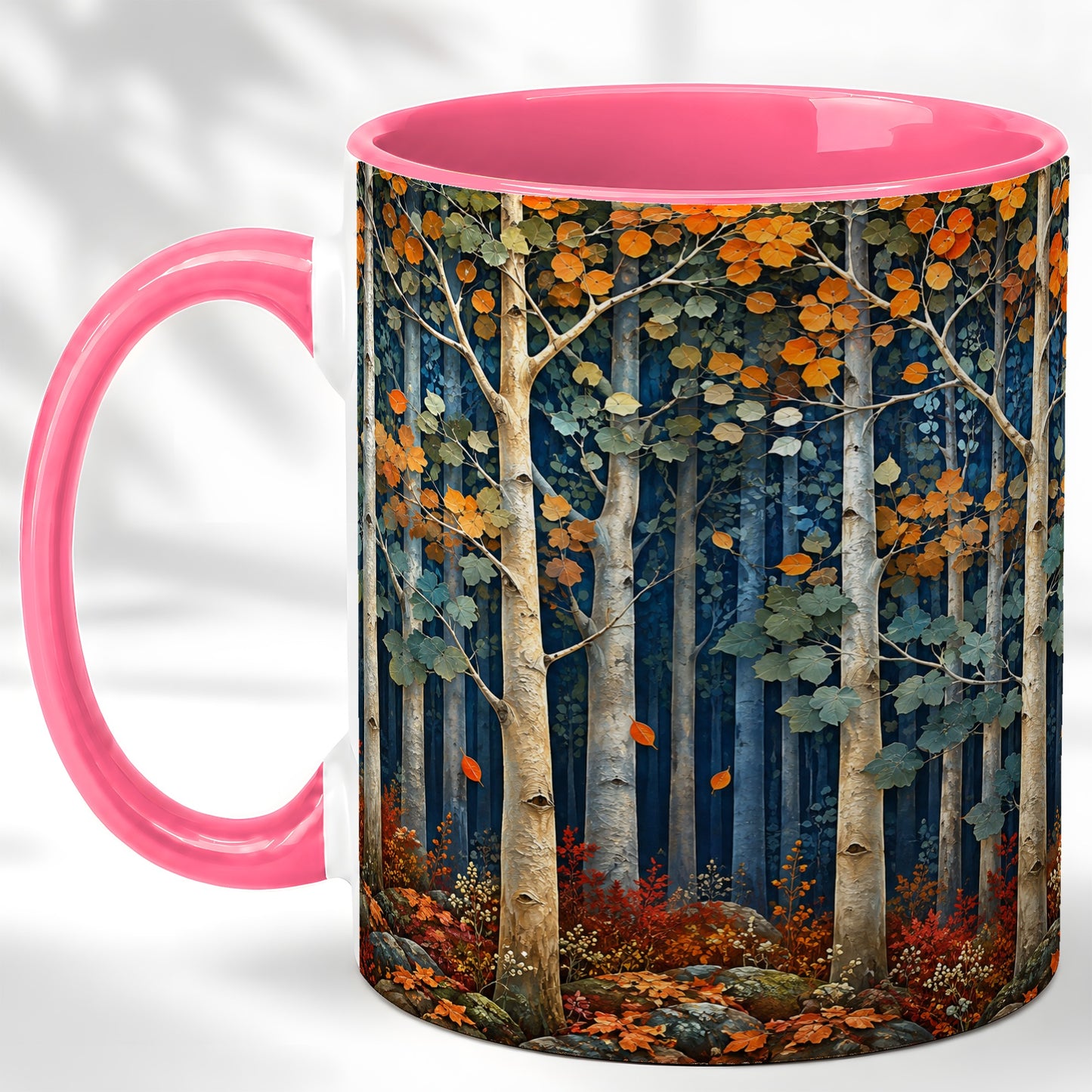 #pl[11oz|Pink] Painterly Birch Grove Coffee Mug, Autumn Woodland Mug, Ceramic Cup