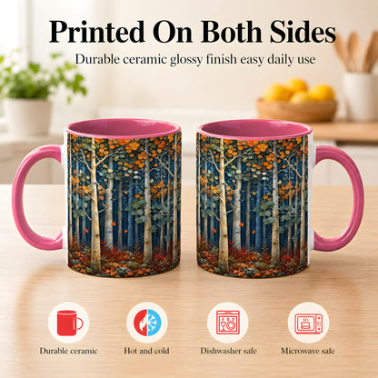 #pl[11oz|Pink] Painterly Birch Grove Coffee Mug, Autumn Woodland Mug, Ceramic Cup
