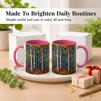 #pl[11oz|Pink] Painterly Birch Grove Coffee Mug, Autumn Woodland Mug, Ceramic Cup
