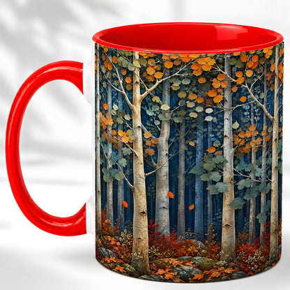 Painterly Birch Grove Coffee Mug, Autumn Woodland Mug, Ceramic Cup