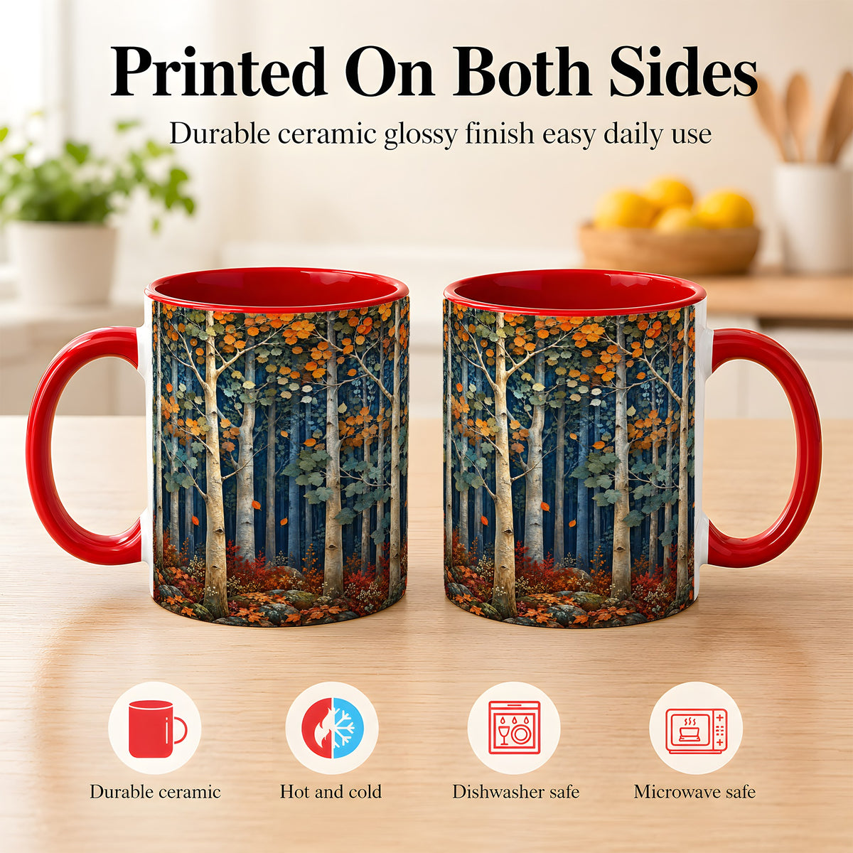 #pl[11oz|Red] Painterly Birch Grove Coffee Mug, Autumn Woodland Mug, Ceramic Cup