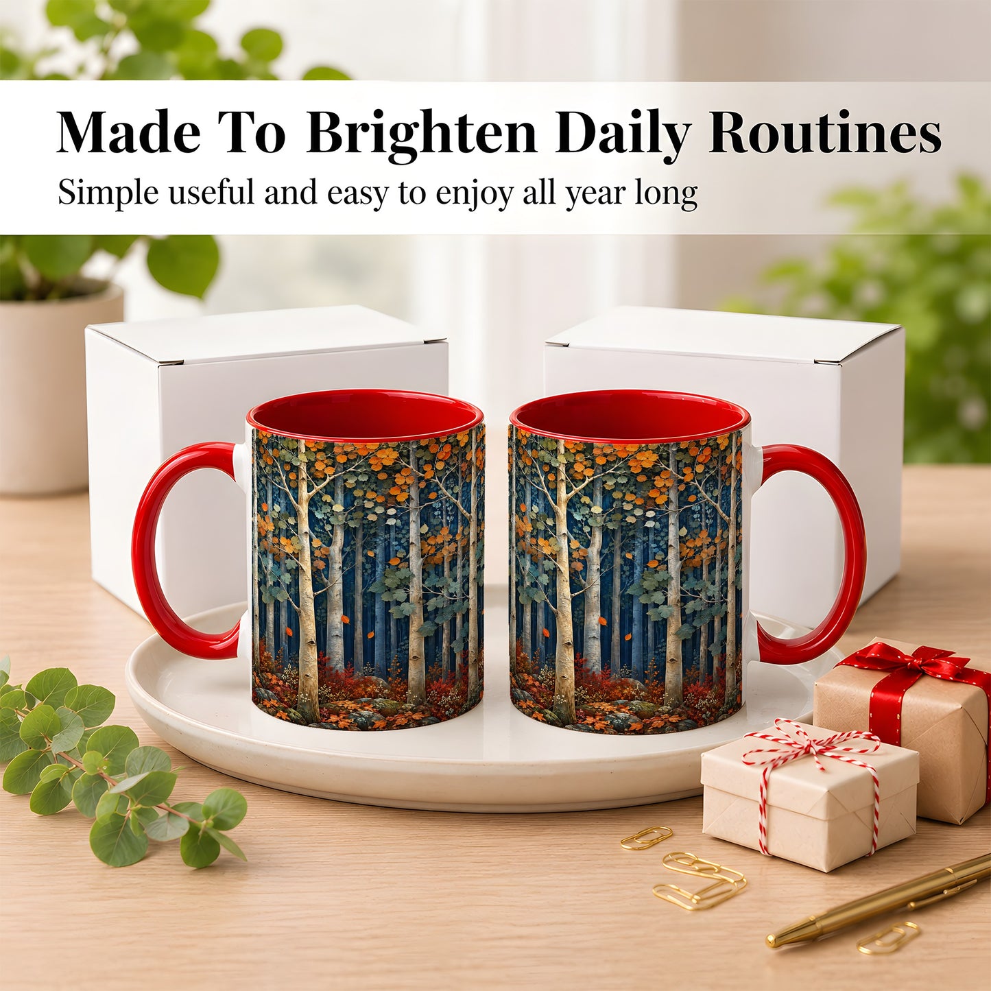 #pl[11oz|Red] Painterly Birch Grove Coffee Mug, Autumn Woodland Mug, Ceramic Cup