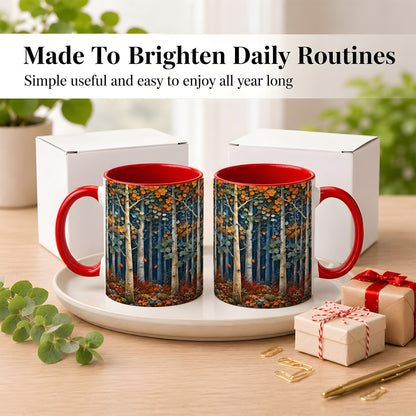 #pl[11oz|Red] Painterly Birch Grove Coffee Mug, Autumn Woodland Mug, Ceramic Cup