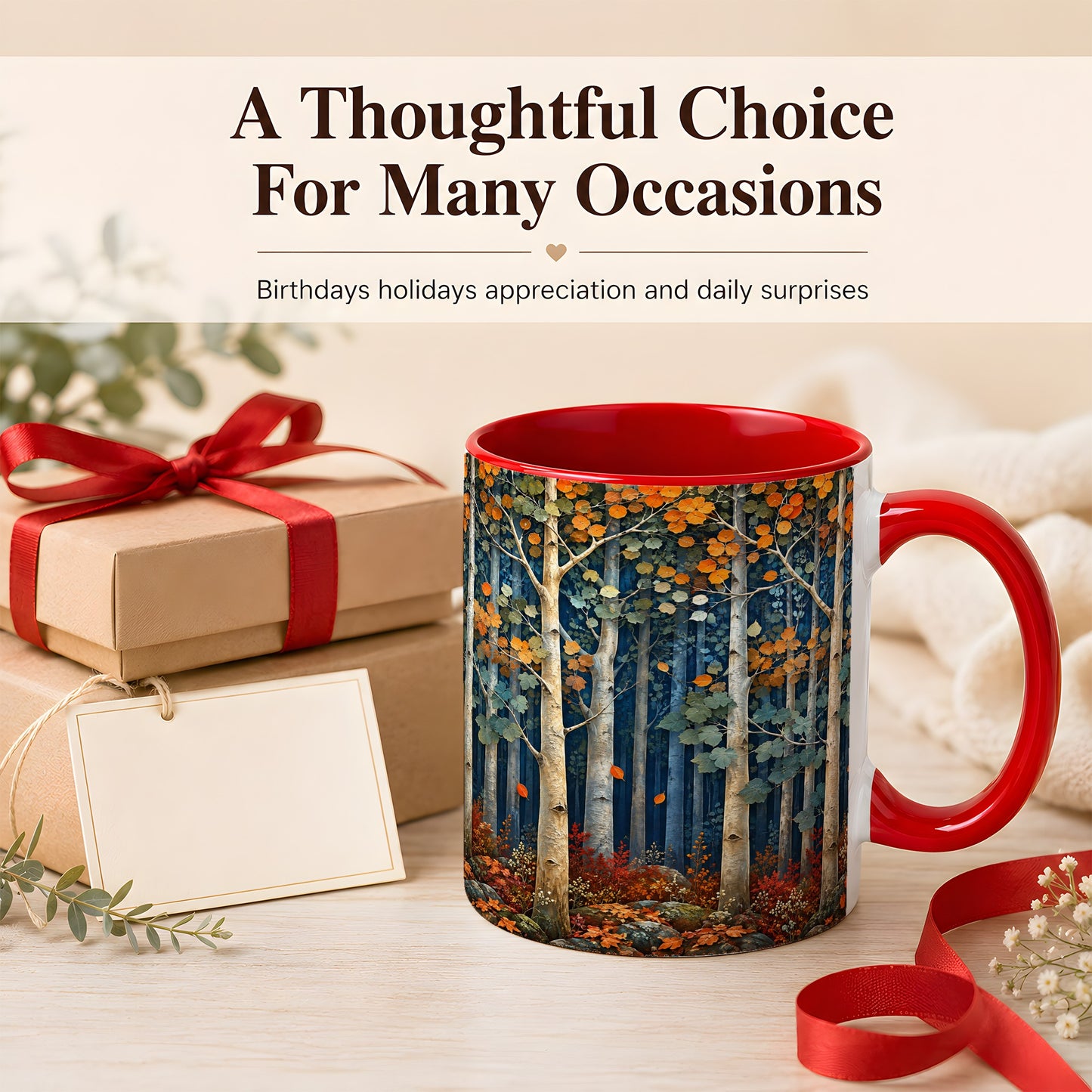 #pl[11oz|Red] Painterly Birch Grove Coffee Mug, Autumn Woodland Mug, Ceramic Cup