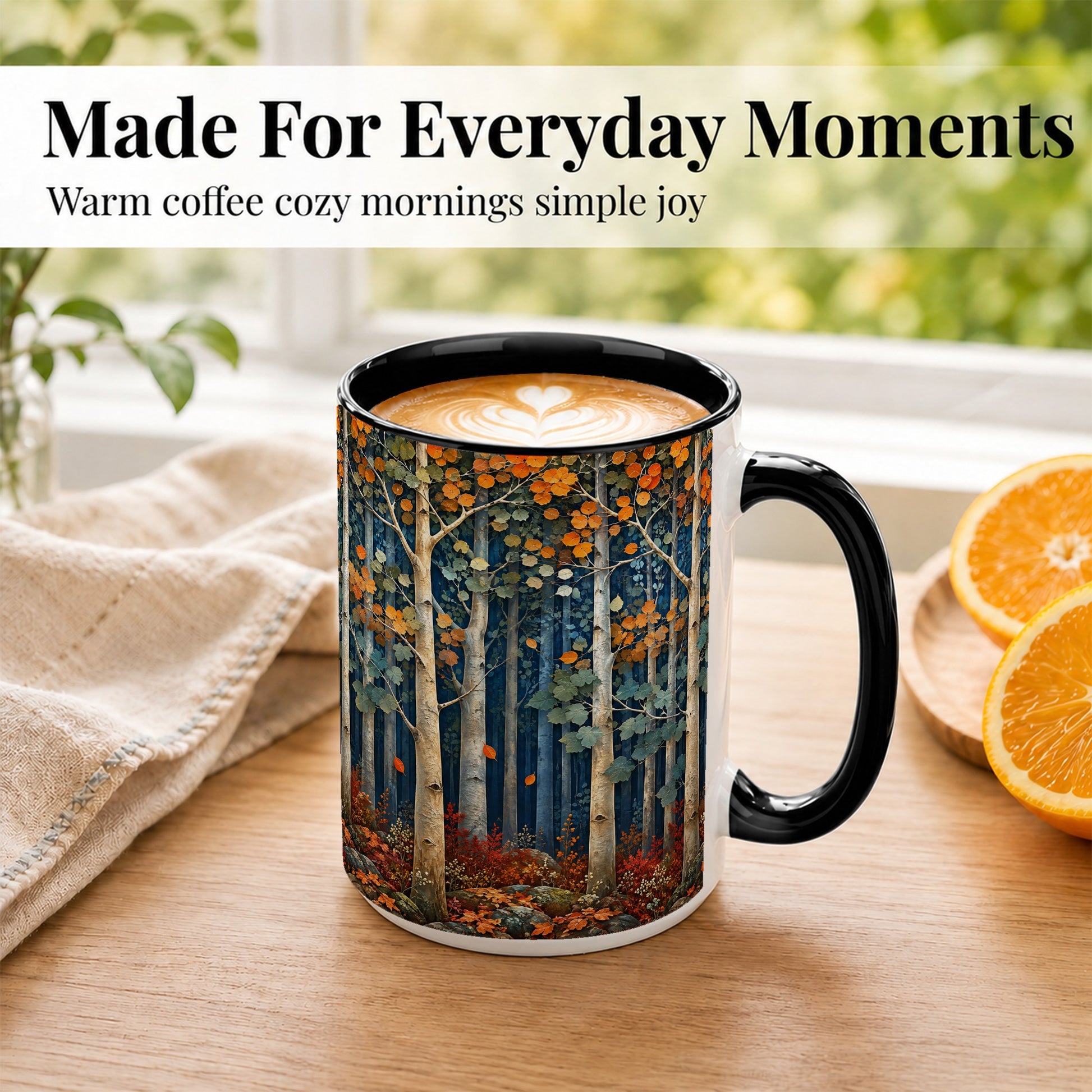 #pl[15oz|Black] Painterly Birch Grove Coffee Mug, Autumn Woodland Mug, Ceramic Cup