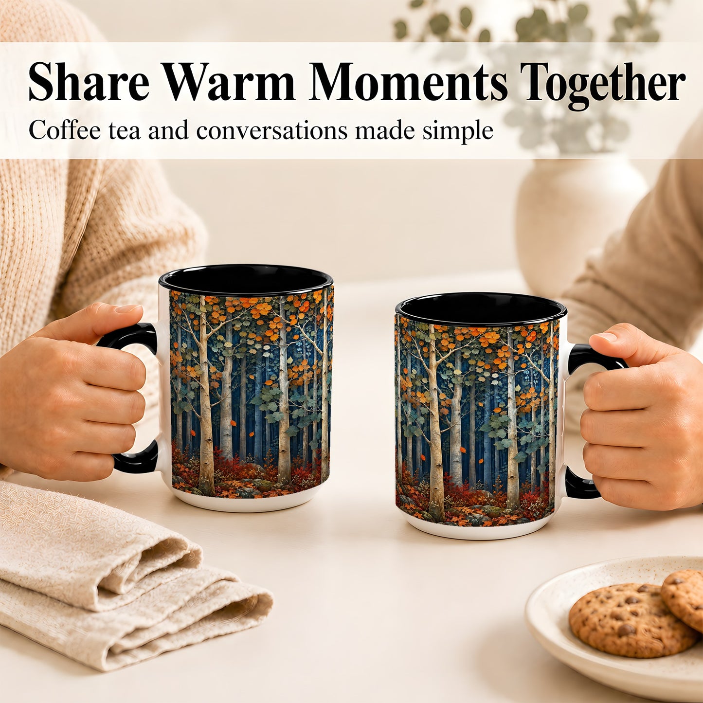 #pl[15oz|Black] Painterly Birch Grove Coffee Mug, Autumn Woodland Mug, Ceramic Cup