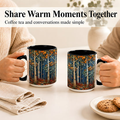 #pl[15oz|Black] Painterly Birch Grove Coffee Mug, Autumn Woodland Mug, Ceramic Cup