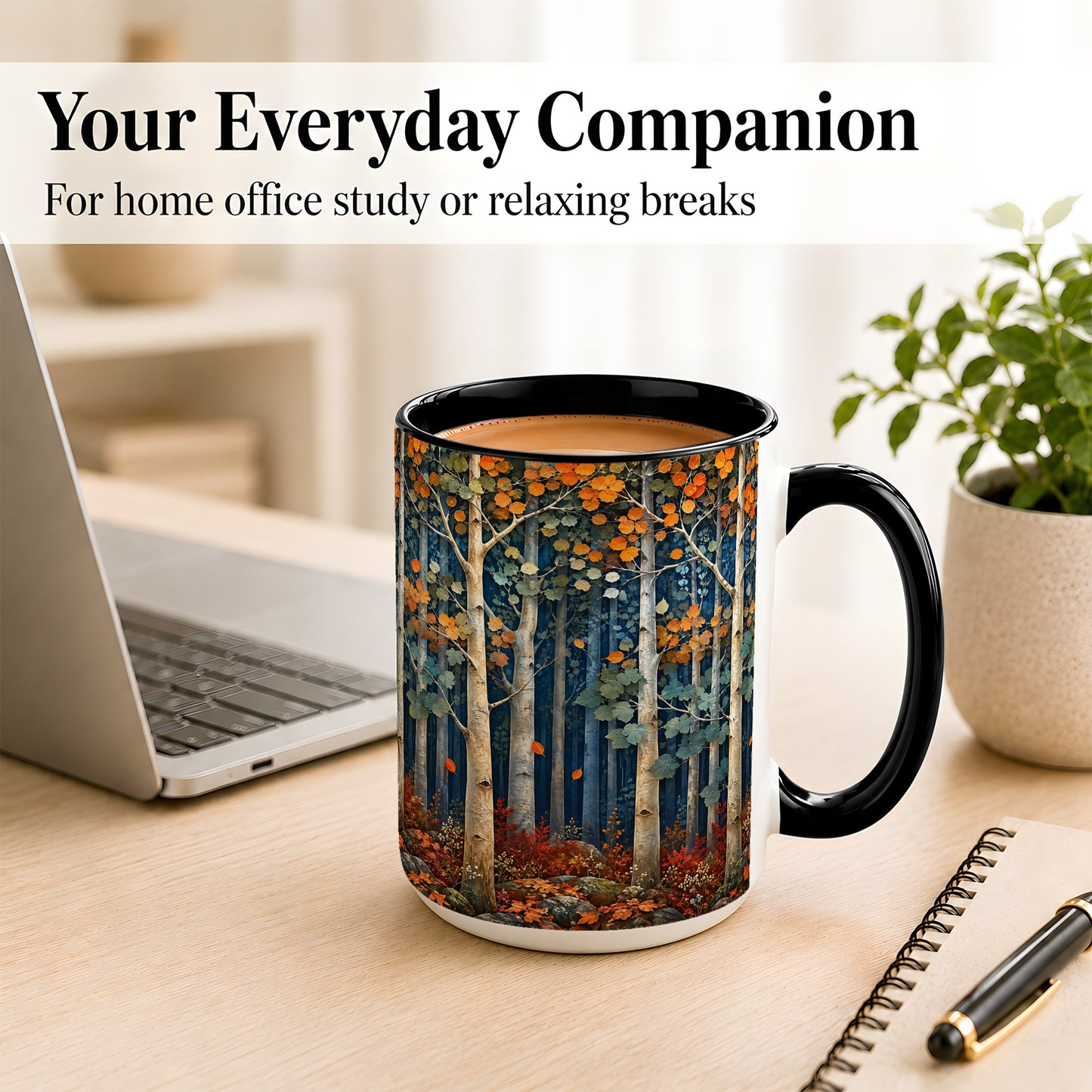 #pl[15oz|Black] Painterly Birch Grove Coffee Mug, Autumn Woodland Mug, Ceramic Cup
