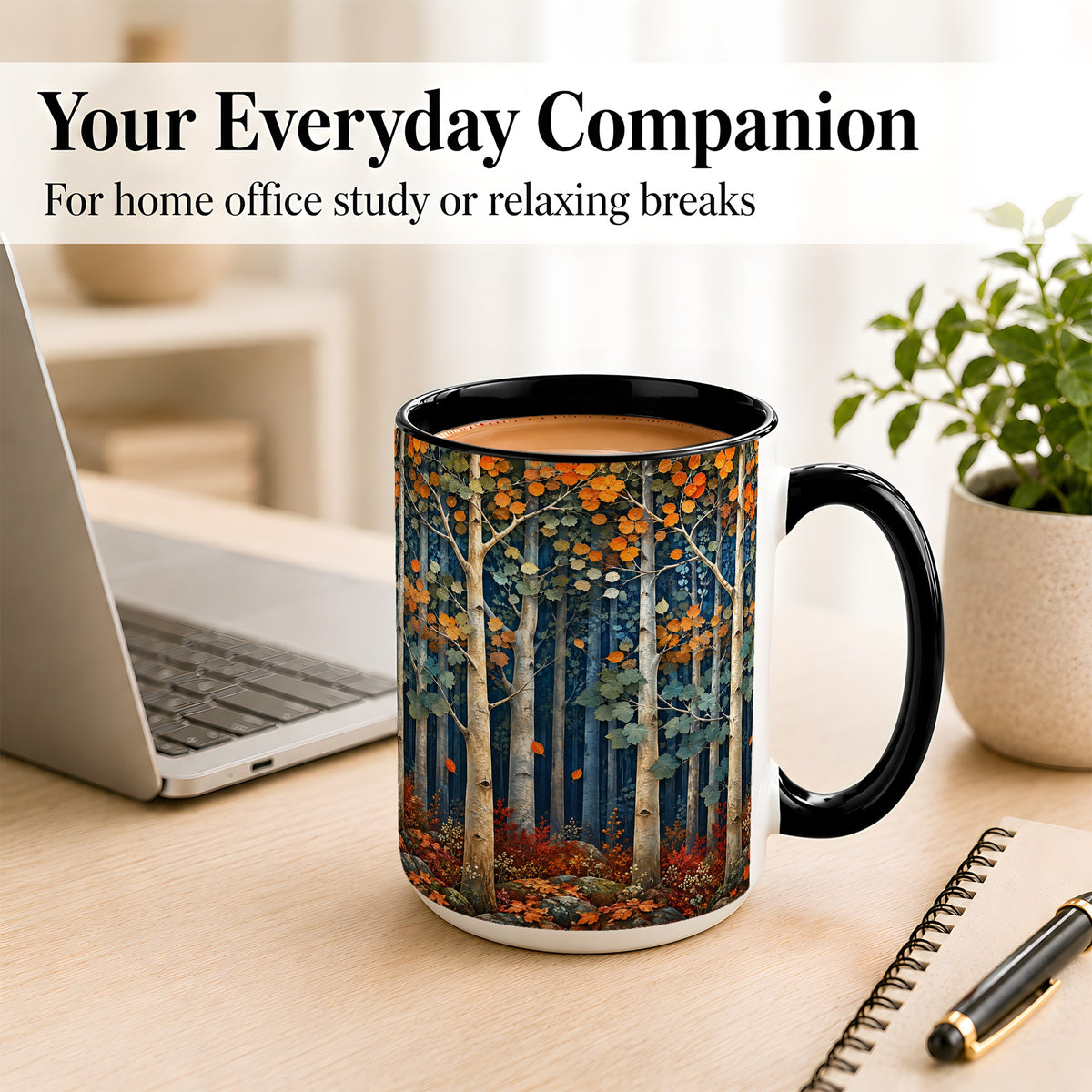 #pl[15oz|Black] Painterly Birch Grove Coffee Mug, Autumn Woodland Mug, Ceramic Cup