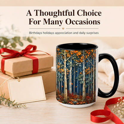 #pl[15oz|Black] Painterly Birch Grove Coffee Mug, Autumn Woodland Mug, Ceramic Cup