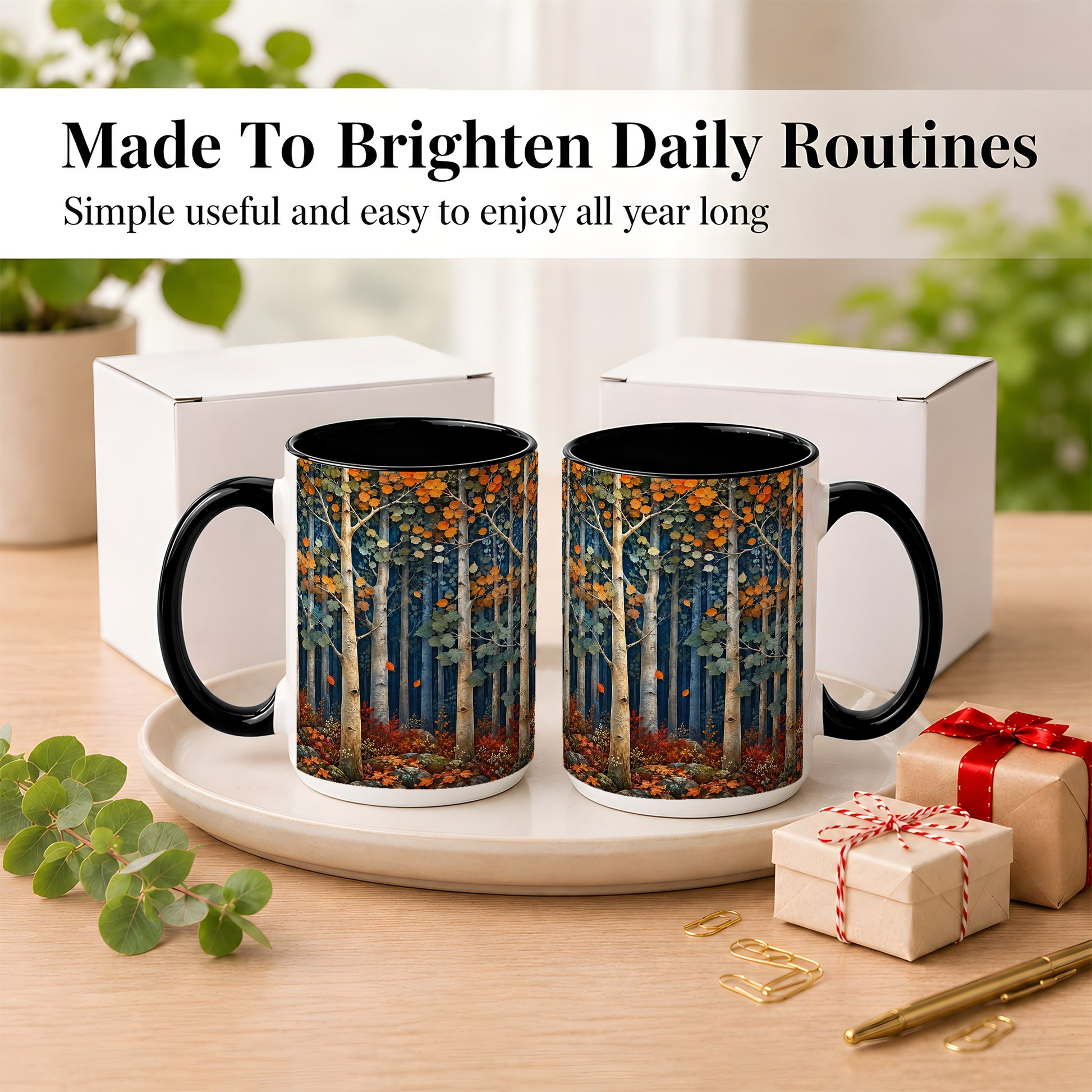 #pl[15oz|Black] Painterly Birch Grove Coffee Mug, Autumn Woodland Mug, Ceramic Cup