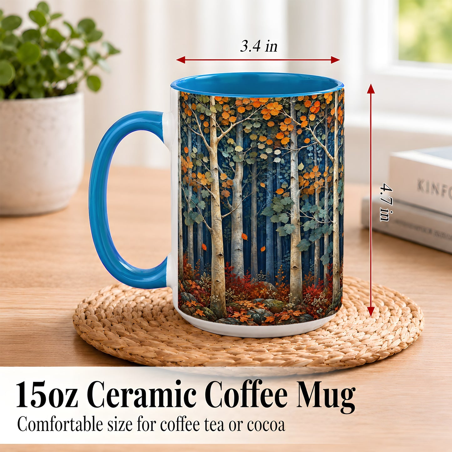 #pl[15oz|Blue] Painterly Birch Grove Coffee Mug, Autumn Woodland Mug, Ceramic Cup