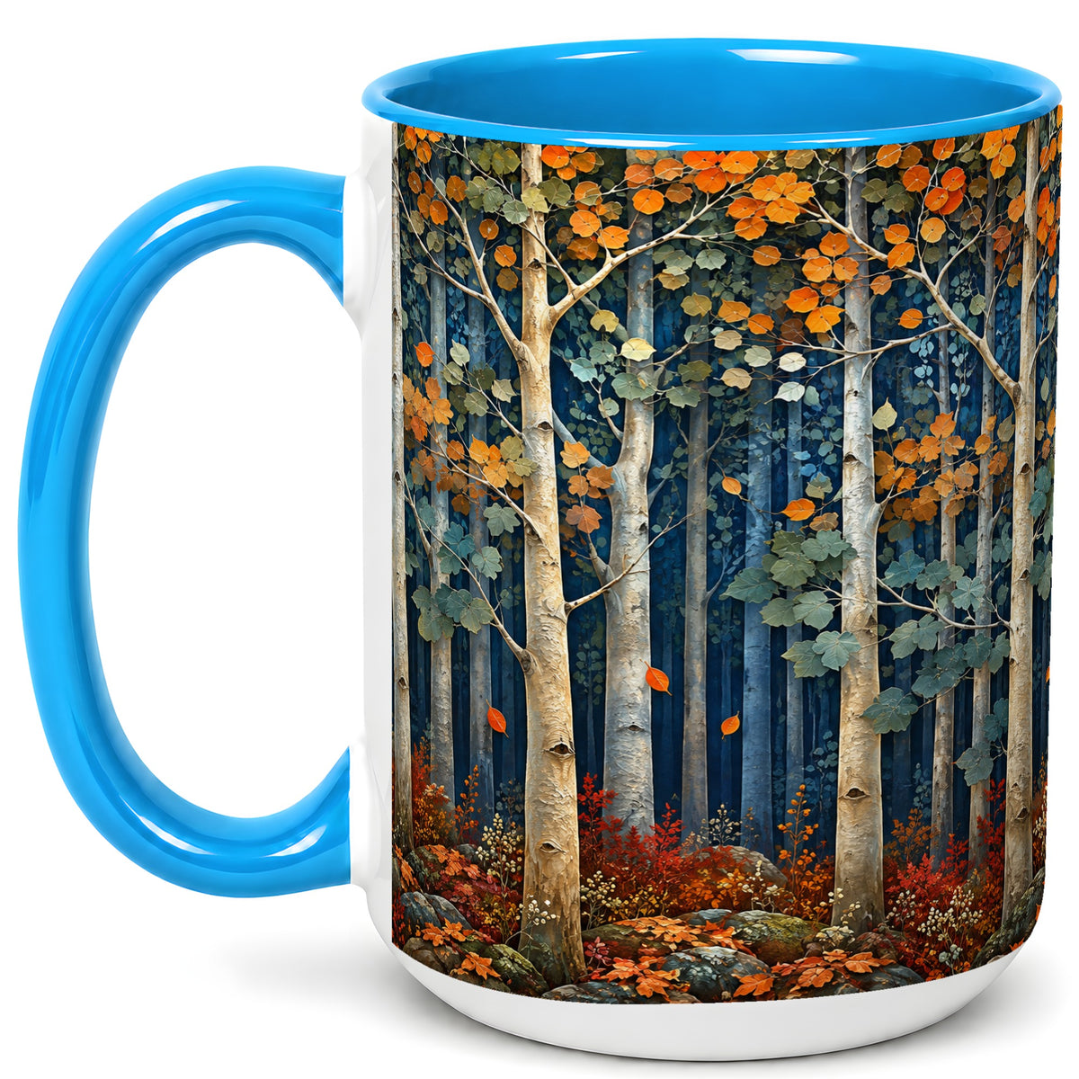 #pl[15oz|Blue] Painterly Birch Grove Coffee Mug, Autumn Woodland Mug, Ceramic Cup