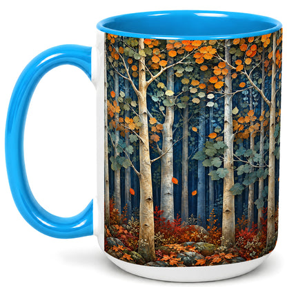 #pl[15oz|Blue] Painterly Birch Grove Coffee Mug, Autumn Woodland Mug, Ceramic Cup