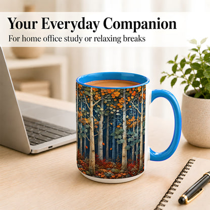 #pl[15oz|Blue] Painterly Birch Grove Coffee Mug, Autumn Woodland Mug, Ceramic Cup