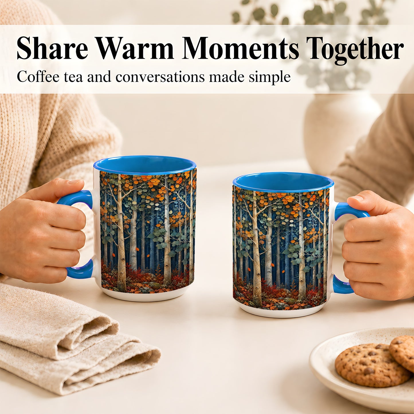 #pl[15oz|Blue] Painterly Birch Grove Coffee Mug, Autumn Woodland Mug, Ceramic Cup
