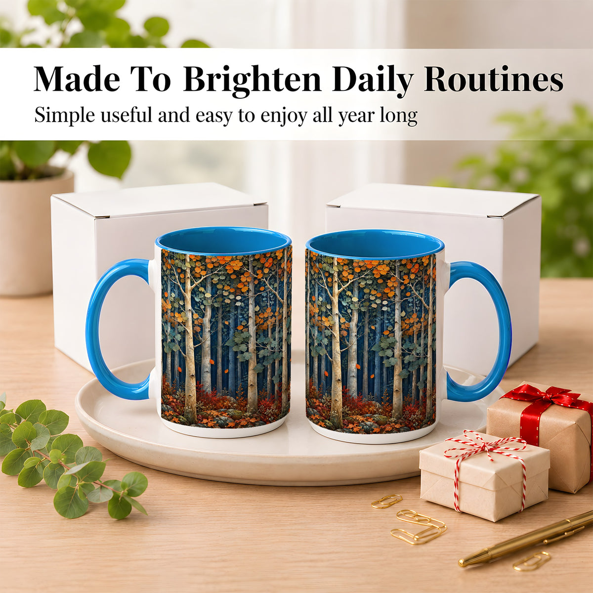 #pl[15oz|Blue] Painterly Birch Grove Coffee Mug, Autumn Woodland Mug, Ceramic Cup
