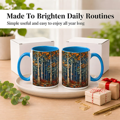 #pl[15oz|Blue] Painterly Birch Grove Coffee Mug, Autumn Woodland Mug, Ceramic Cup
