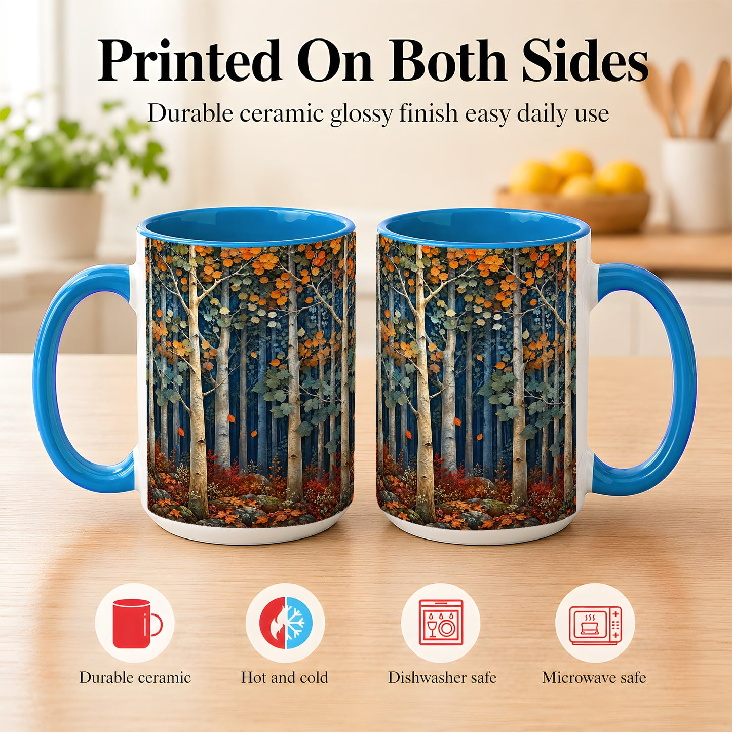 #pl[15oz|Blue] Painterly Birch Grove Coffee Mug, Autumn Woodland Mug, Ceramic Cup
