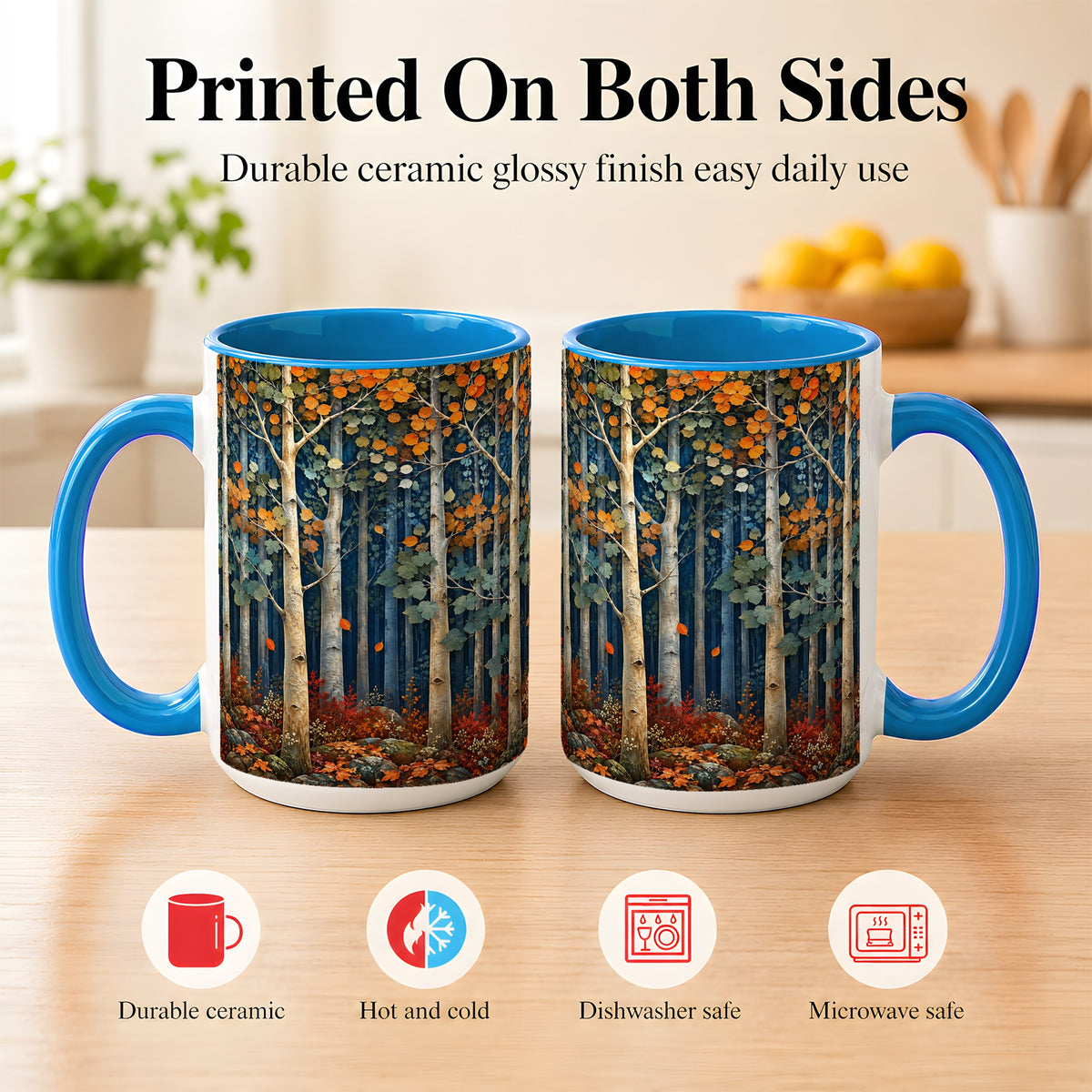 #pl[15oz|Blue] Painterly Birch Grove Coffee Mug, Autumn Woodland Mug, Ceramic Cup