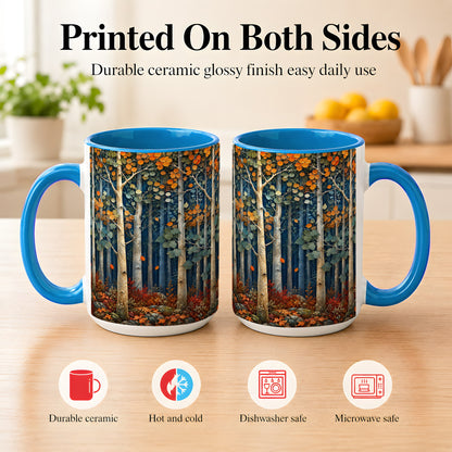 #pl[15oz|Blue] Painterly Birch Grove Coffee Mug, Autumn Woodland Mug, Ceramic Cup