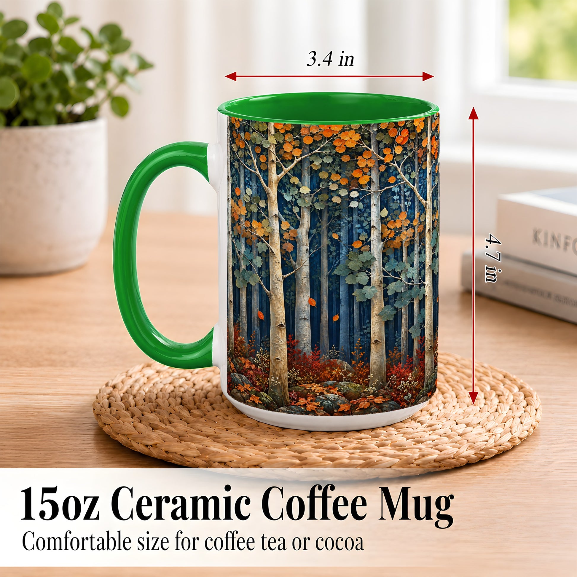#pl[15oz|Green] Painterly Birch Grove Coffee Mug, Autumn Woodland Mug, Ceramic Cup