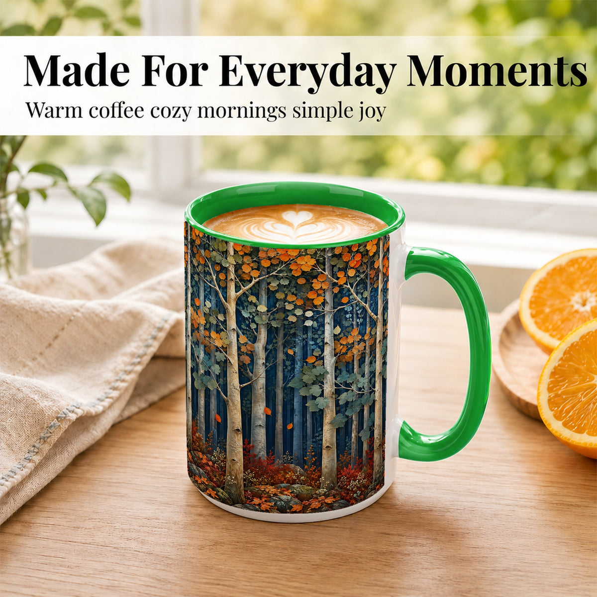 #pl[15oz|Green] Painterly Birch Grove Coffee Mug, Autumn Woodland Mug, Ceramic Cup