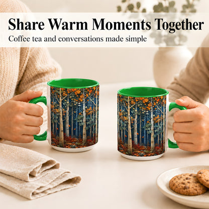 #pl[15oz|Green] Painterly Birch Grove Coffee Mug, Autumn Woodland Mug, Ceramic Cup