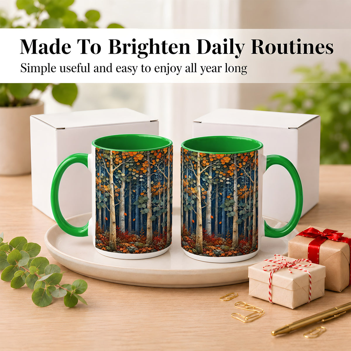 #pl[15oz|Green] Painterly Birch Grove Coffee Mug, Autumn Woodland Mug, Ceramic Cup