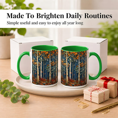 #pl[15oz|Green] Painterly Birch Grove Coffee Mug, Autumn Woodland Mug, Ceramic Cup