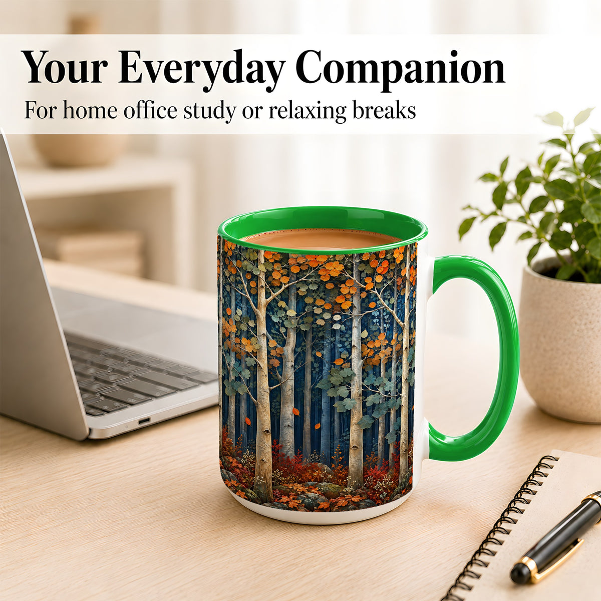 #pl[15oz|Green] Painterly Birch Grove Coffee Mug, Autumn Woodland Mug, Ceramic Cup