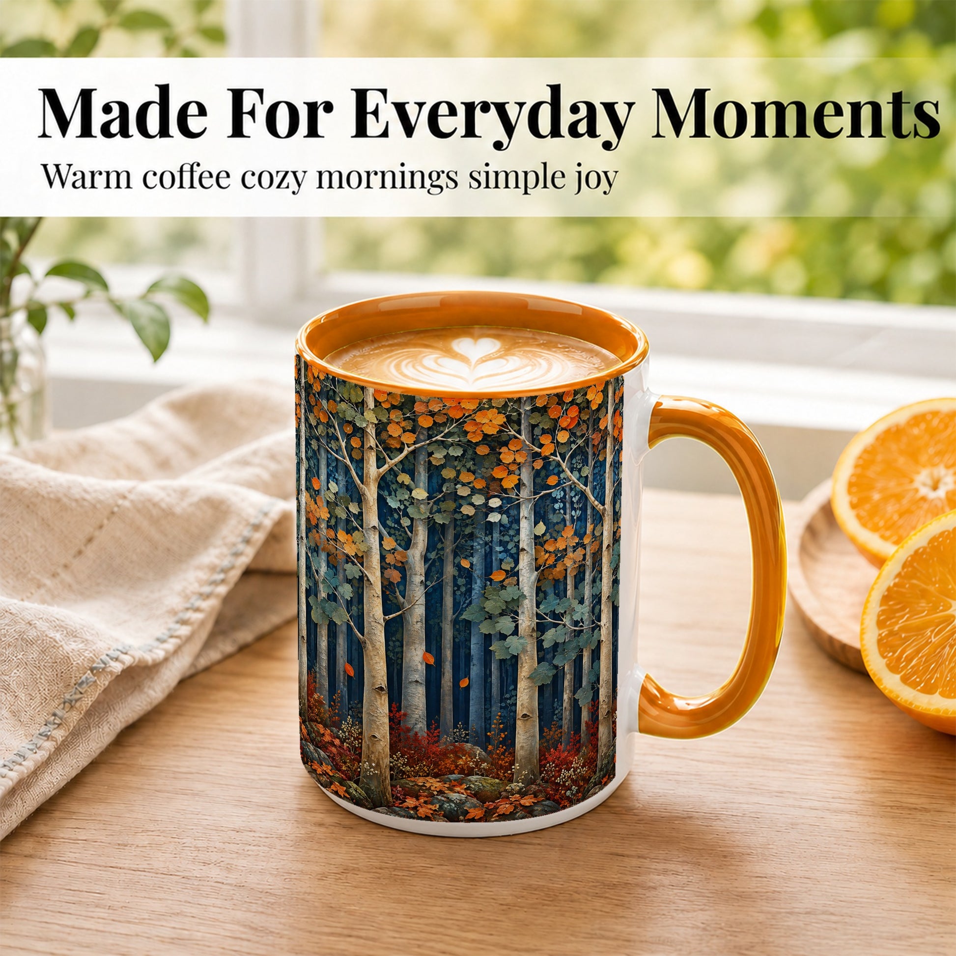 #pl[15oz|Orange] Painterly Birch Grove Coffee Mug, Autumn Woodland Mug, Ceramic Cup