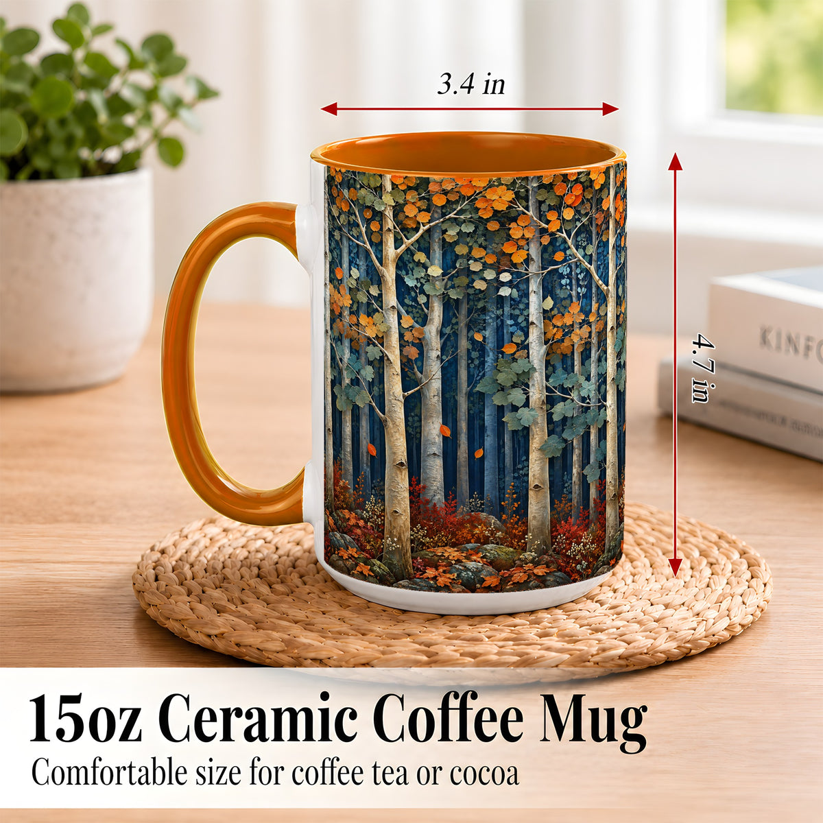 #pl[15oz|Orange] Painterly Birch Grove Coffee Mug, Autumn Woodland Mug, Ceramic Cup
