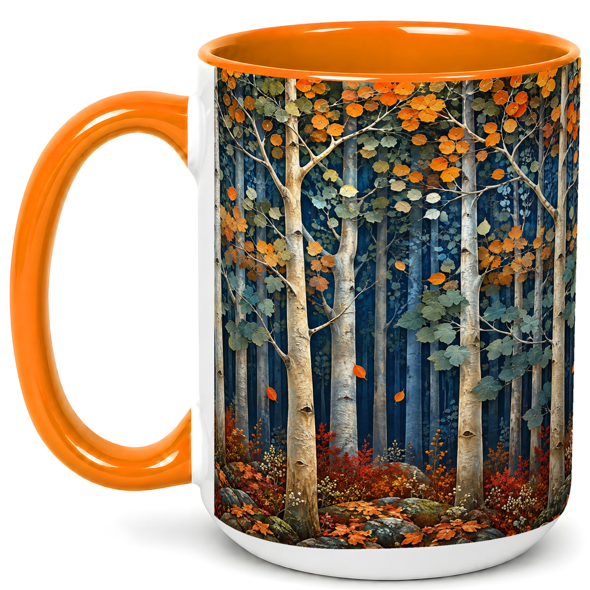 #pl[15oz|Orange] Painterly Birch Grove Coffee Mug, Autumn Woodland Mug, Ceramic Cup