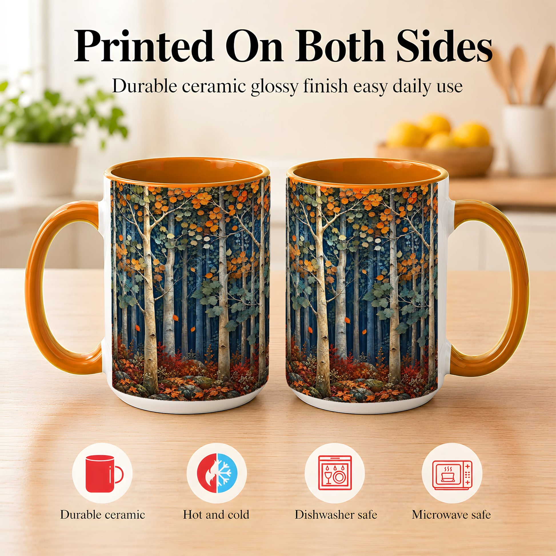 #pl[15oz|Orange] Painterly Birch Grove Coffee Mug, Autumn Woodland Mug, Ceramic Cup