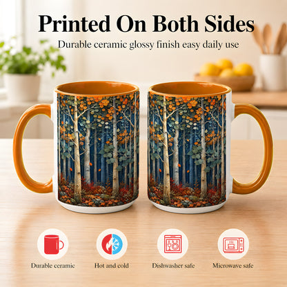 #pl[15oz|Orange] Painterly Birch Grove Coffee Mug, Autumn Woodland Mug, Ceramic Cup